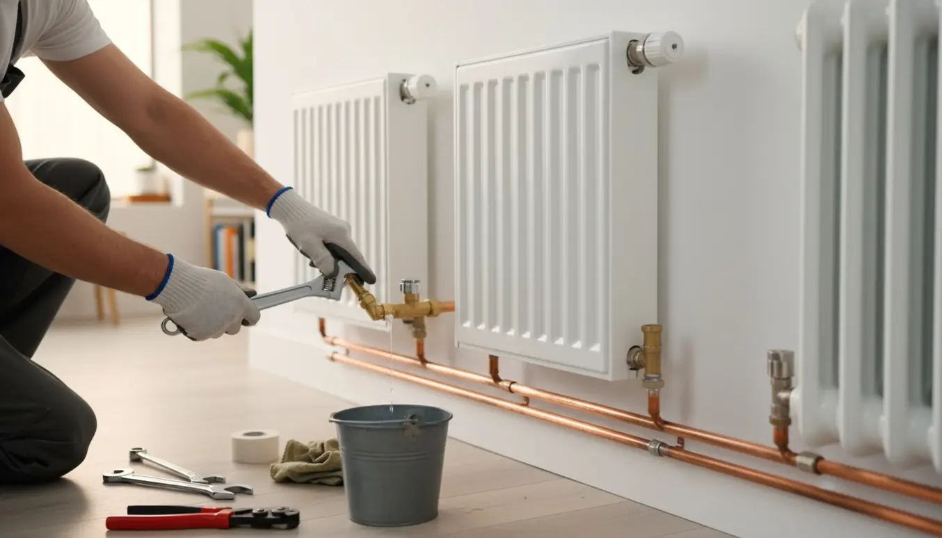 To nyinstallerede radiatorer på væg, hænder tilslutter kobberrør fra en eksisterende radiator.