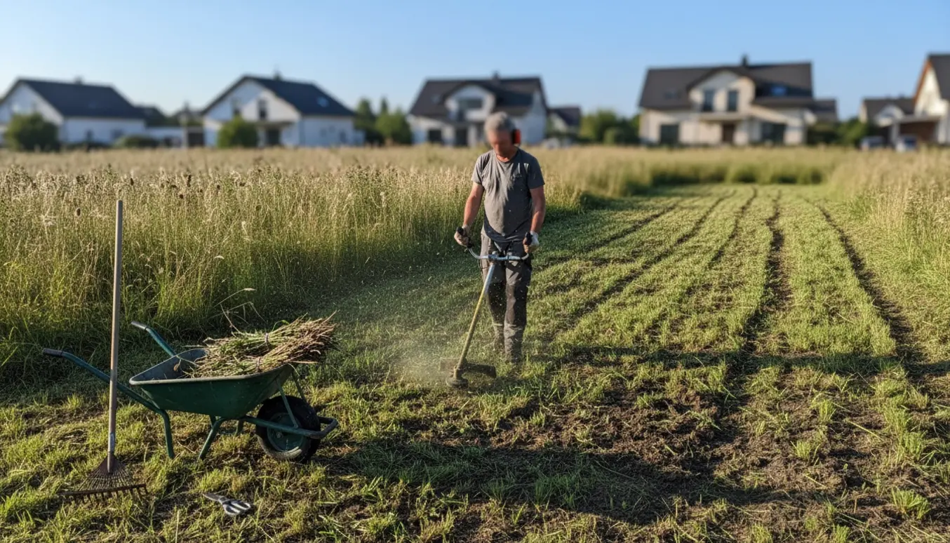 En person trimmer højt ukrudt på en ubebygget grund med en halvt ryddet plæne og en trillebør med afklip.