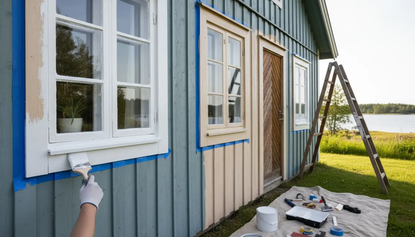 Udvendige vinduesrammer på et sommerhus bliver malet med pensel og malerudstyr i forgrunden.