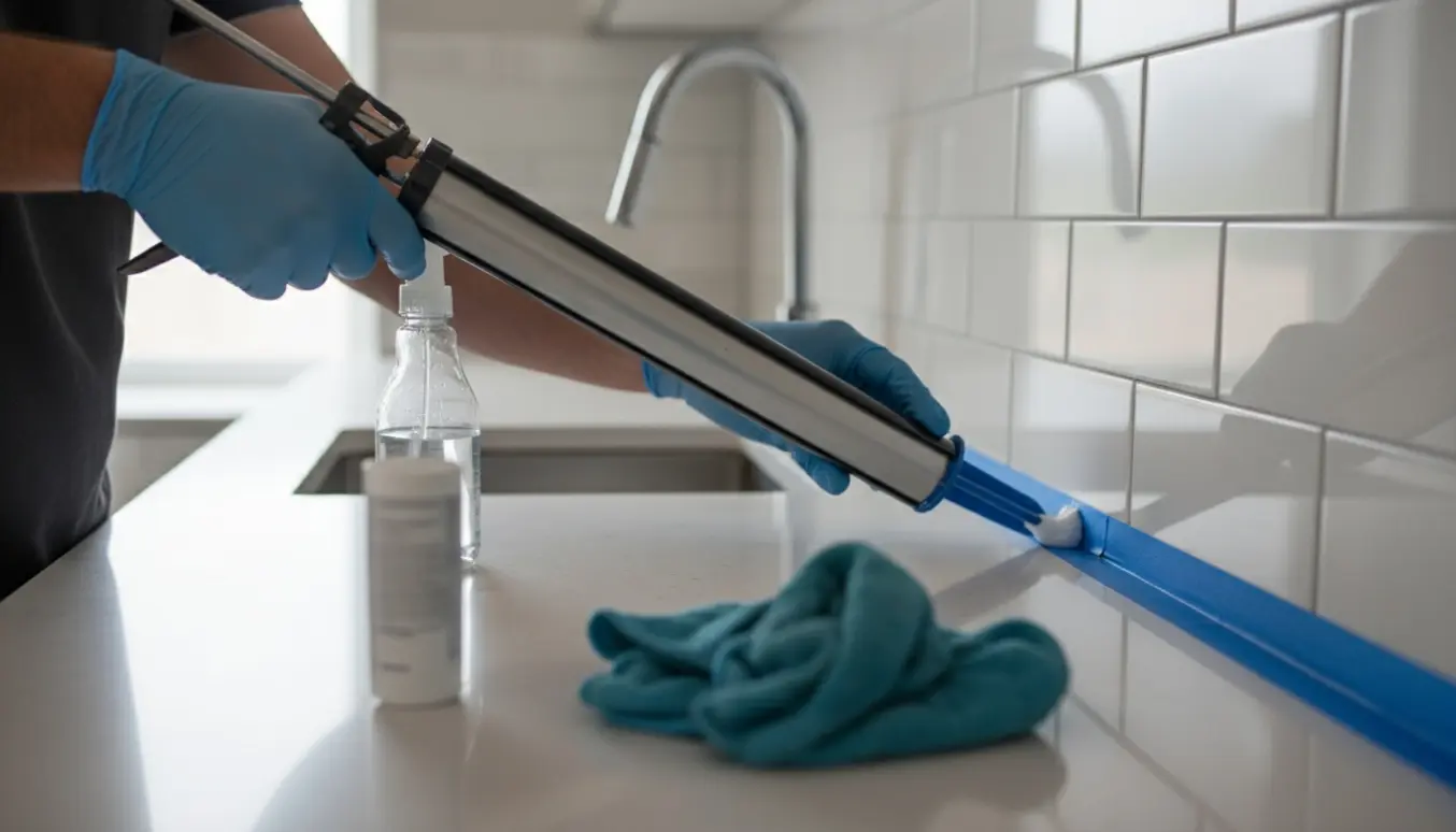 Nærbillede af hænder, der fuge en ny køkkenbordplade mod flisevæg med en fugepistol og fugeglatter.