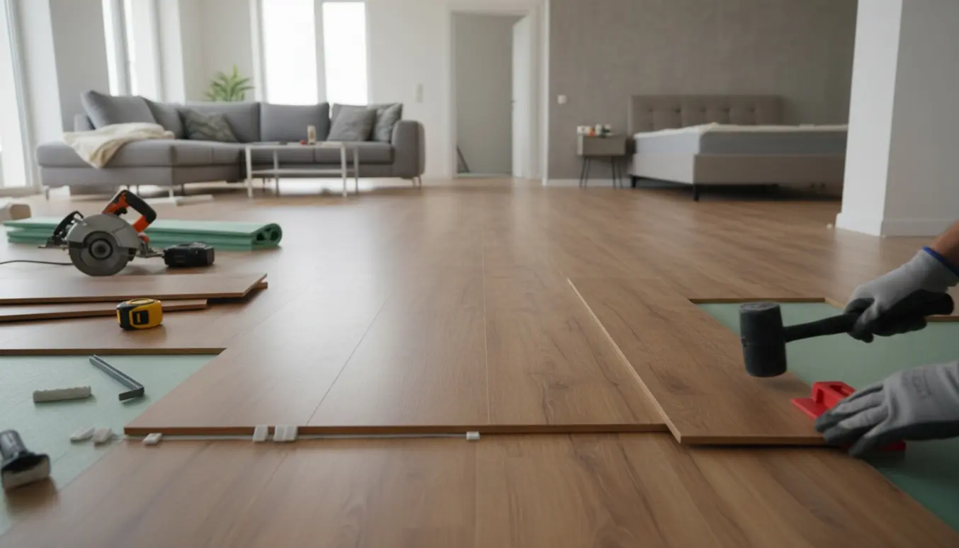 Laminatgulv lægges gennemgående i et lyst hjem med planker og værktøj i forgrunden.