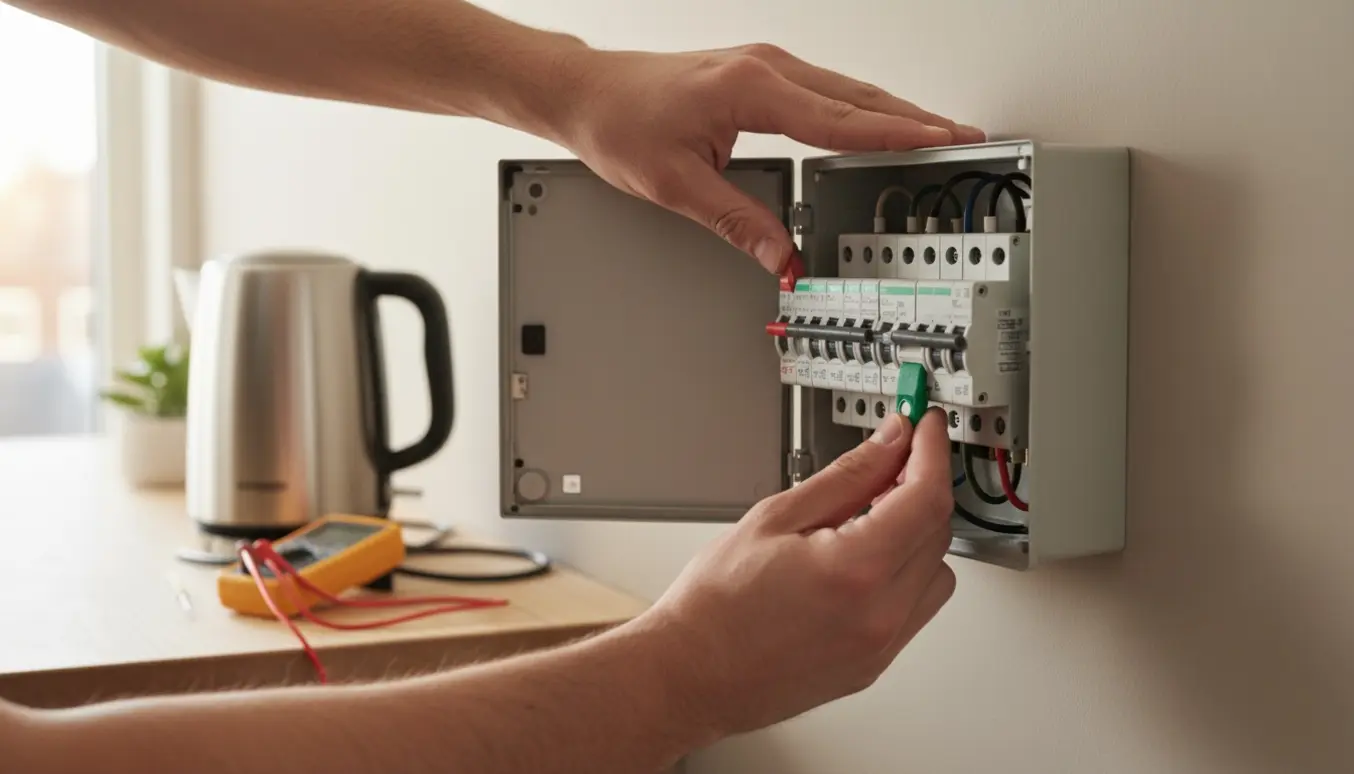 Hænder nulstiller HPFI-relæ i eltavle med en elkedel i baggrunden på køkkenbordet.