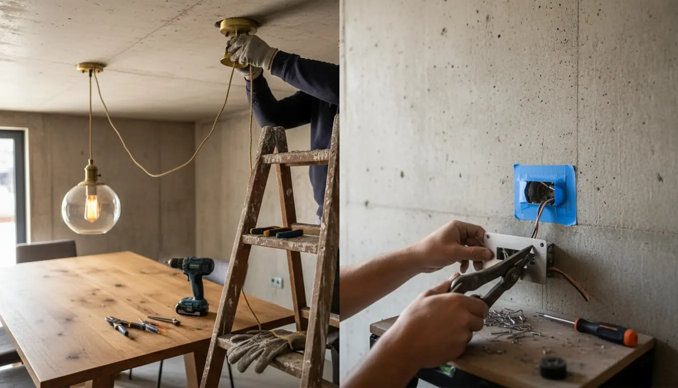 Hænder monterer en vintage glaspendel over et spisebord og skærer hul i en stålplade for at montere en væglampe over en stikkontakt.
