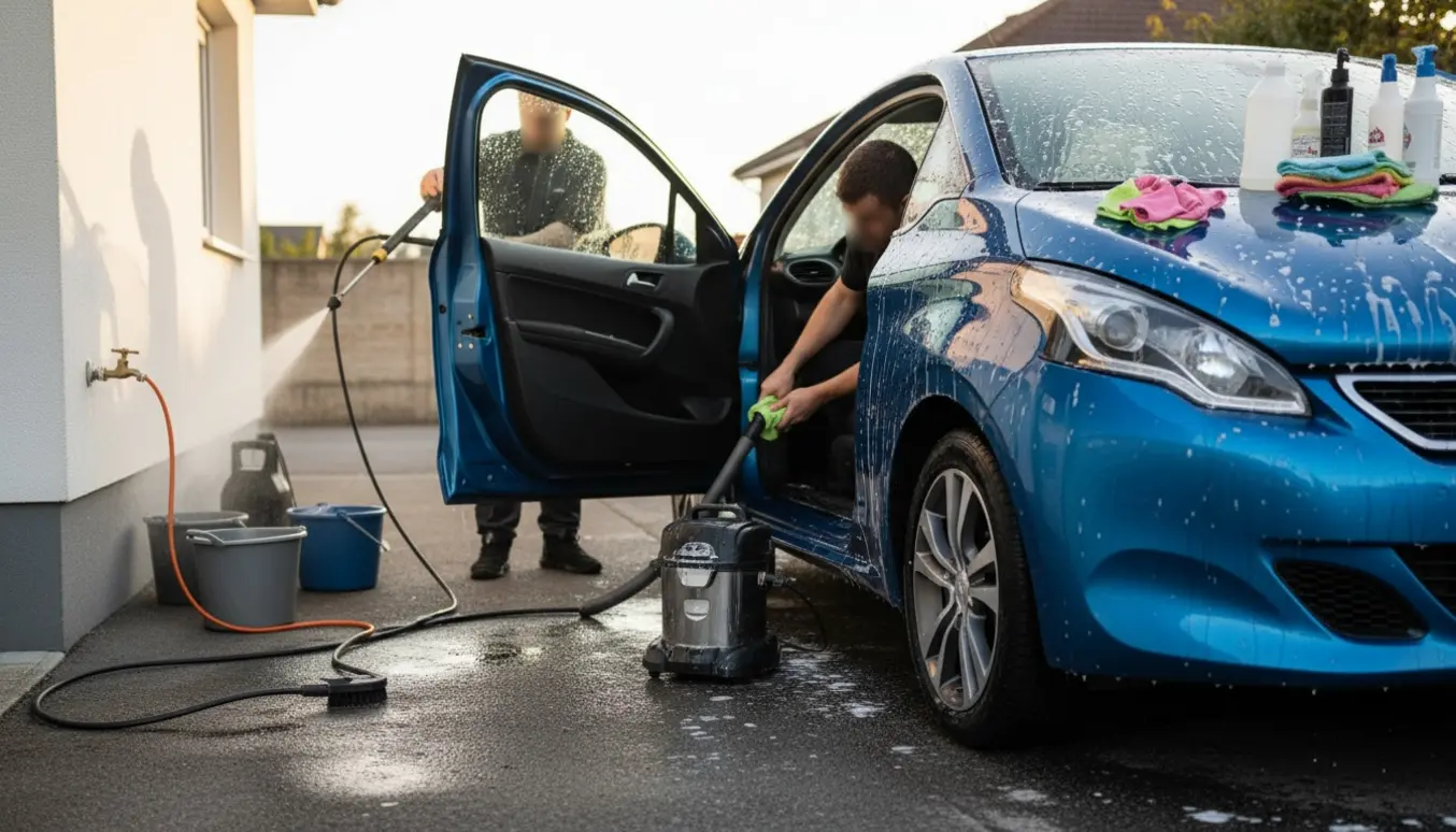 En kompakt hatchback bliver vasket og klargjort udvendigt og indvendigt ved en privat adresse med adgang til vand og strøm.