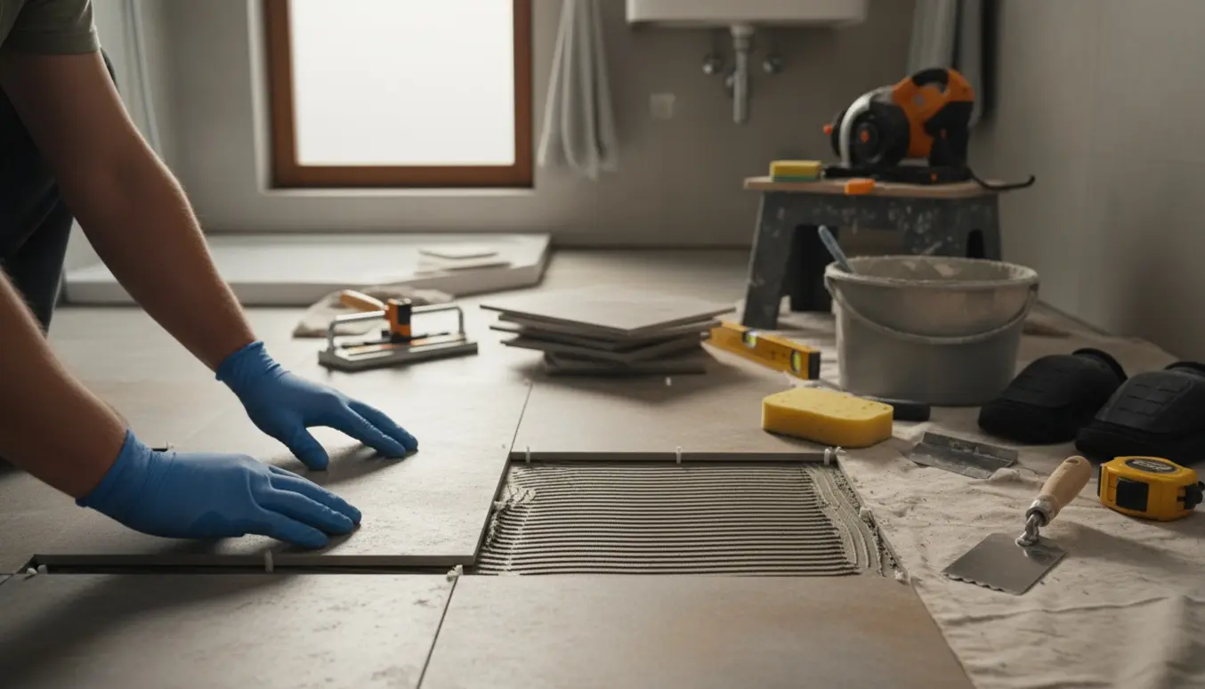 Nærbillede af hænder, der lægger nye fliser på et lille badeværelsesgulv med flisekryds og fugeværktøj.