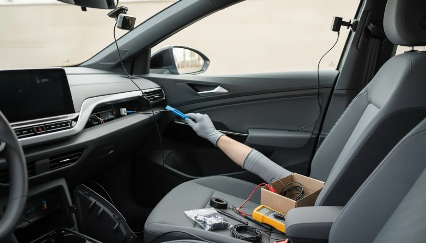 Nærbillede af kabler til for- og bagdashcam, der trækkes og skjules i en VW ID.4 med værktøj på sædet.