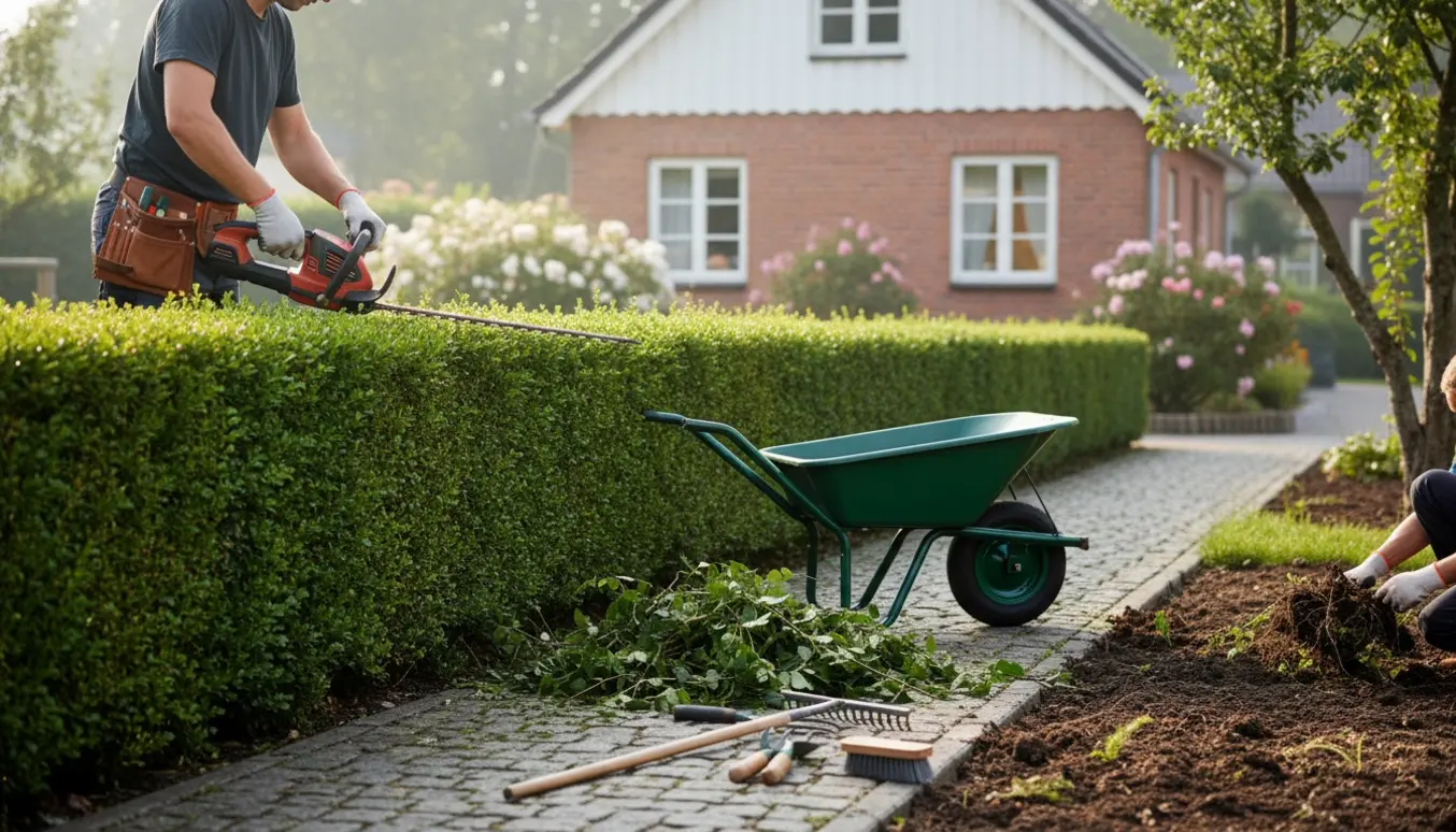 Person klipper lav hæk foran fælleshus, med værktøj og fjernet ukrudt i forgrunden.