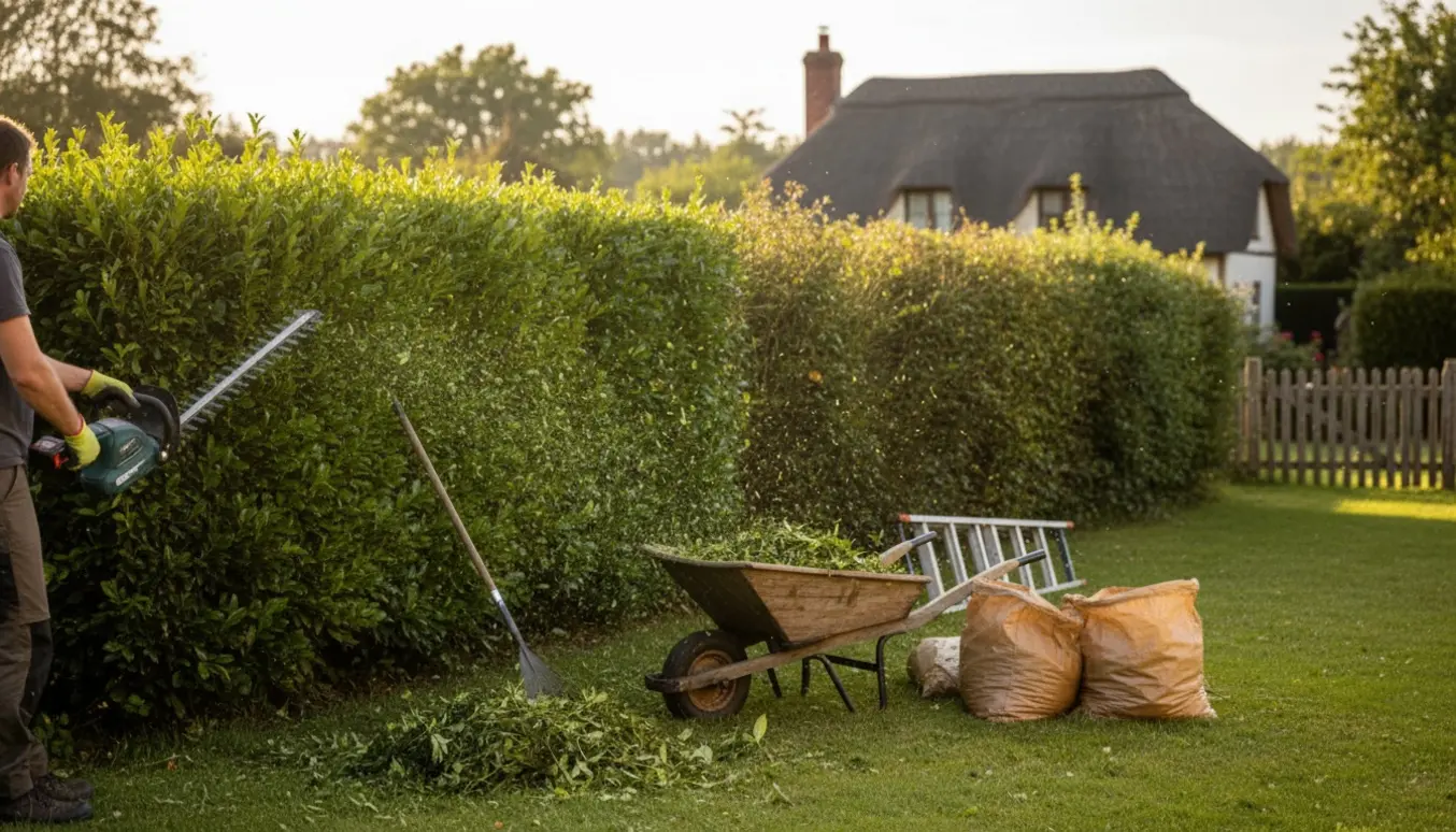 En person beskærer en ca. 1,5 m høj hæk med en hækkeklipper, mens afklip samles i en trillebør.