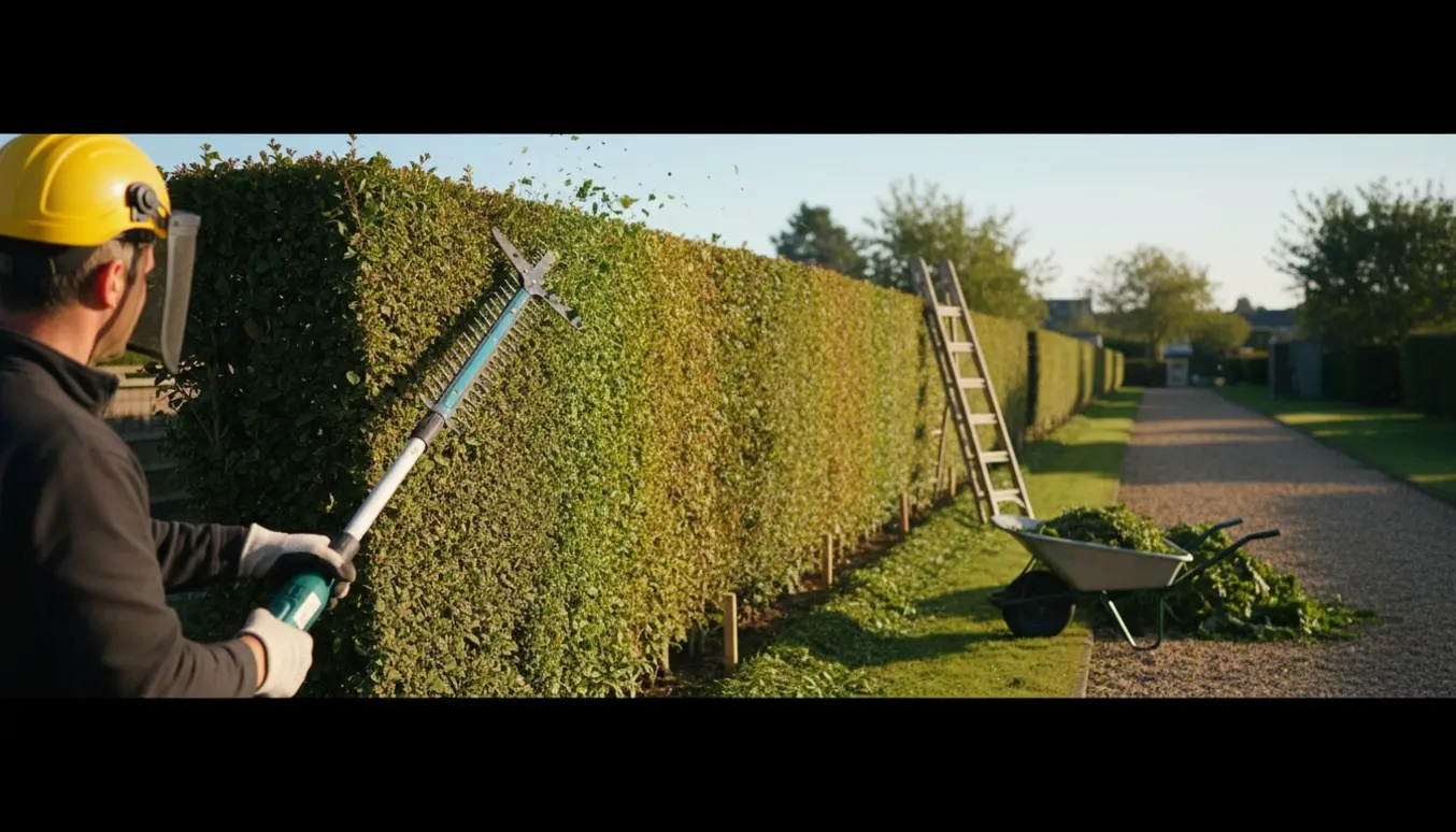 Håndværker klipper en 50 m lang, 2 m høj hæk med elektrisk hækkeklipper, afklip i trillebør.