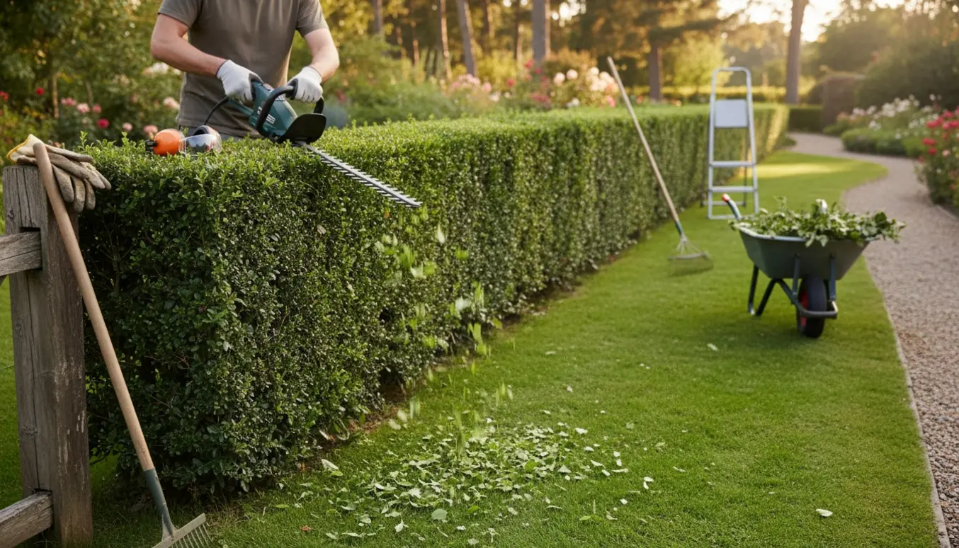 En person trimmer en lang, tæt hæk i haven med friske hækafklip på græsset.