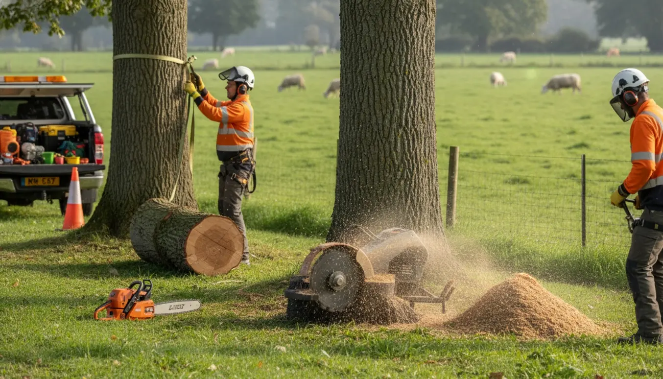 Stubfræsning og fældning ved markkant med en græssende besætning bag et trådhegn.