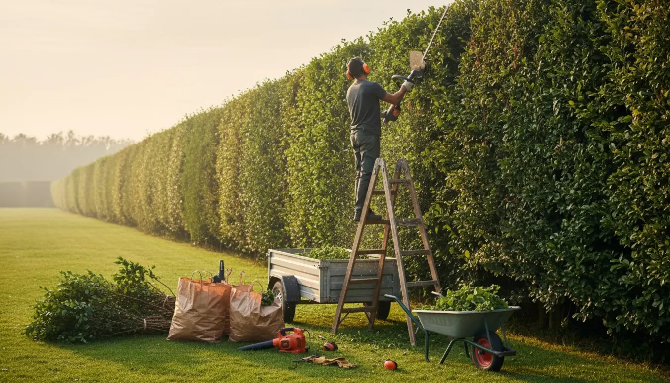 En gartner trimmer en lang hæk, og afklippet hæk er samlet i trailer og trillebør klar til afhentning.