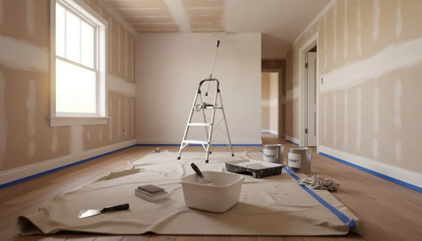 Loftspartling og primer påbegyndt i et lille værelse med stige, malerulle og malerbøtter.