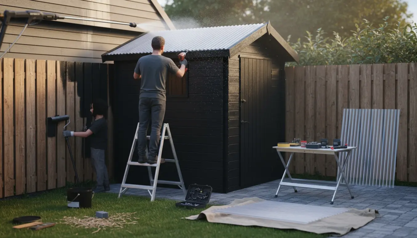 Haveskur og hegn under renovering med maling, afvaskning af udhæng og montage af plast bølgetag.