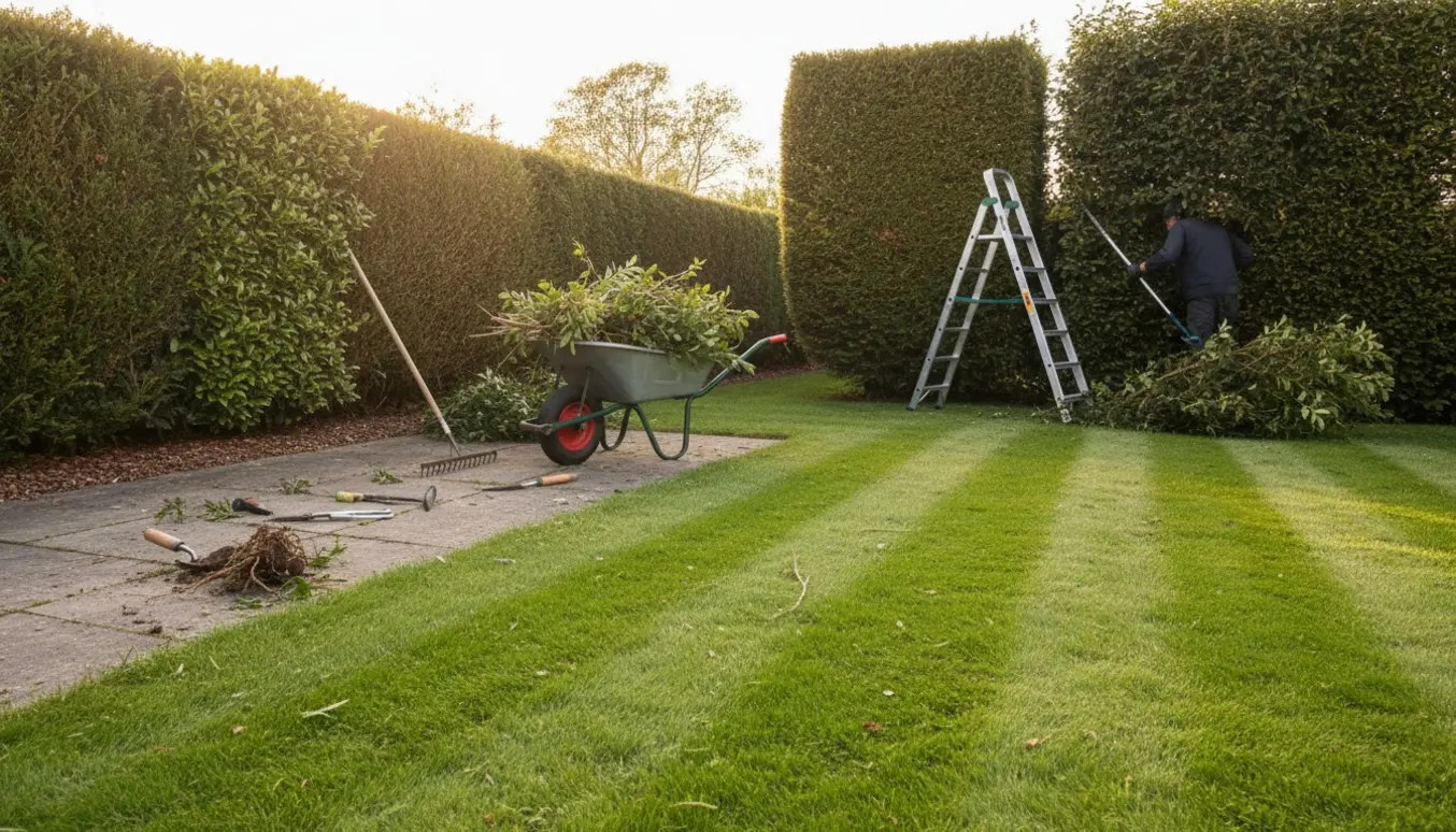 Nyslået græs, en person på stige beskærer høje buske, trillebør med klip og ukrudt mellem fliser.