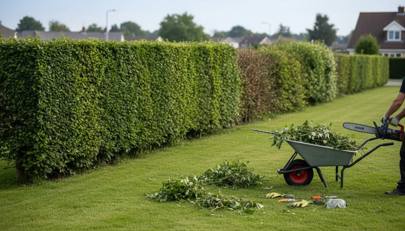 Hækkeklippning ved en lang havehæk med nyklippede kanter, værktøj og bunker af afklippede grene.