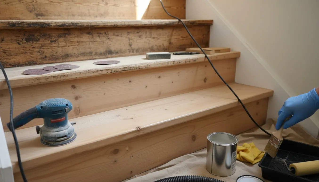 Fyrretrappe under renovering med slibede trin, værktøj og nylakeret mat overflade.