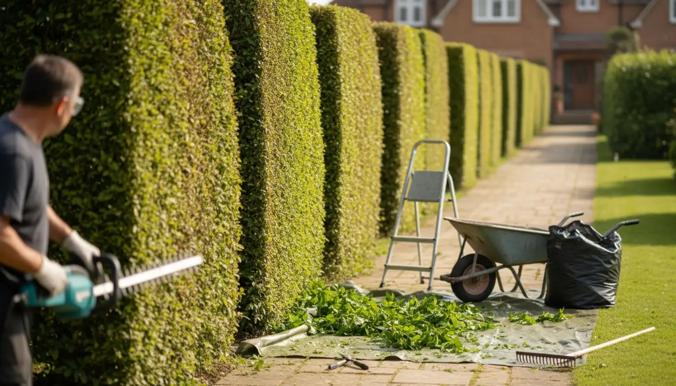 Person trimmer en lang hæk i haven med hækkeklipper, stige og trillebør klar ved siden af.
