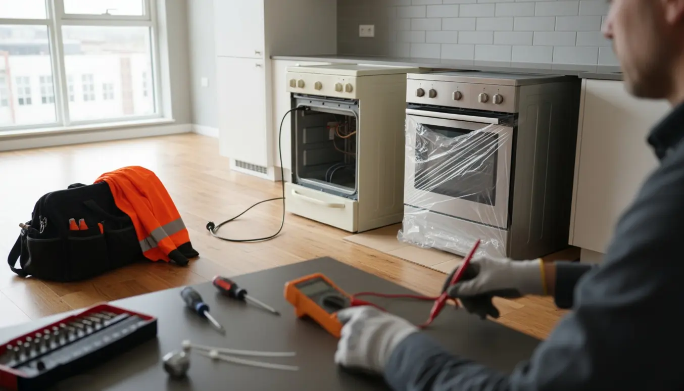 Elektriker forbereder afmontering af et gammelt komfur og installation af et nyt i et åbent lejlighedskøkken.