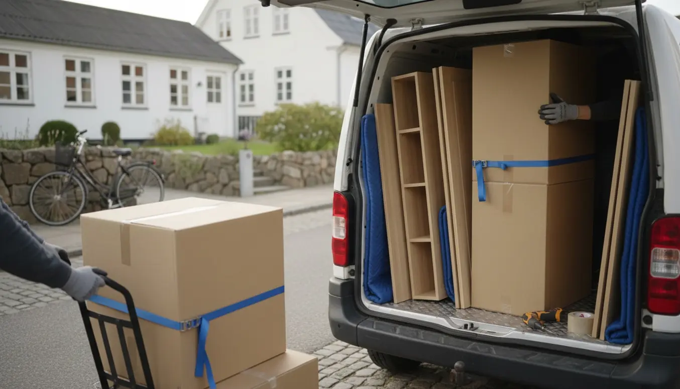 Flyttefolk læsser flade møbelkasser og skabsdele på en varevogn i et stilrent dansk villakvarter.