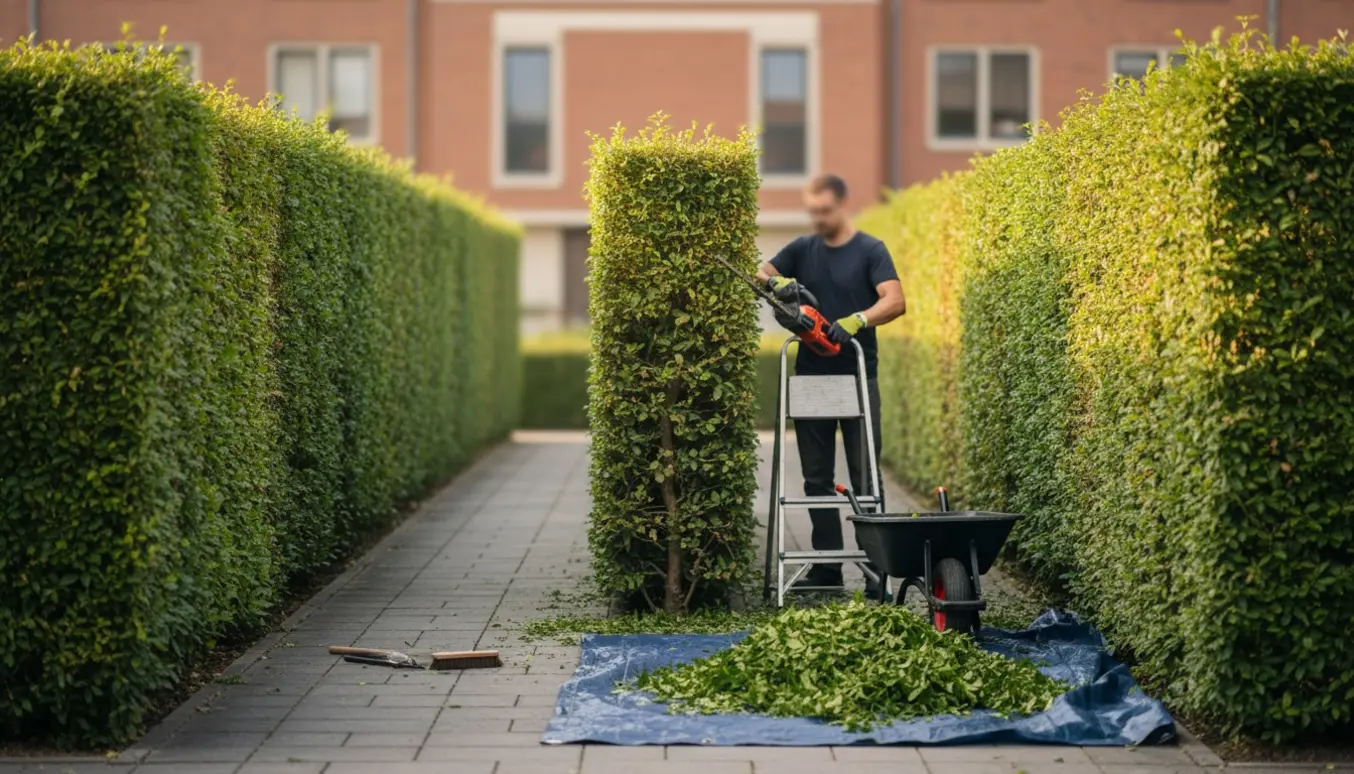 Trækløver hækkeklipning ved et rækkehus med glatte, nyklippede hække og værktøj synligt.