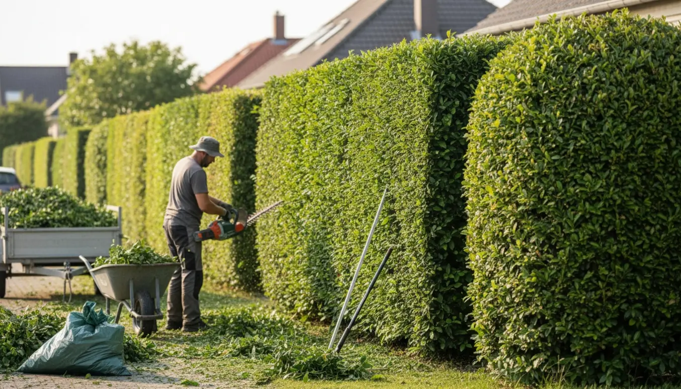En ligusterhæk klippes til omkring 2 meters højde med hækkeklipper, og grønt affald samles i trailer og trillebør.