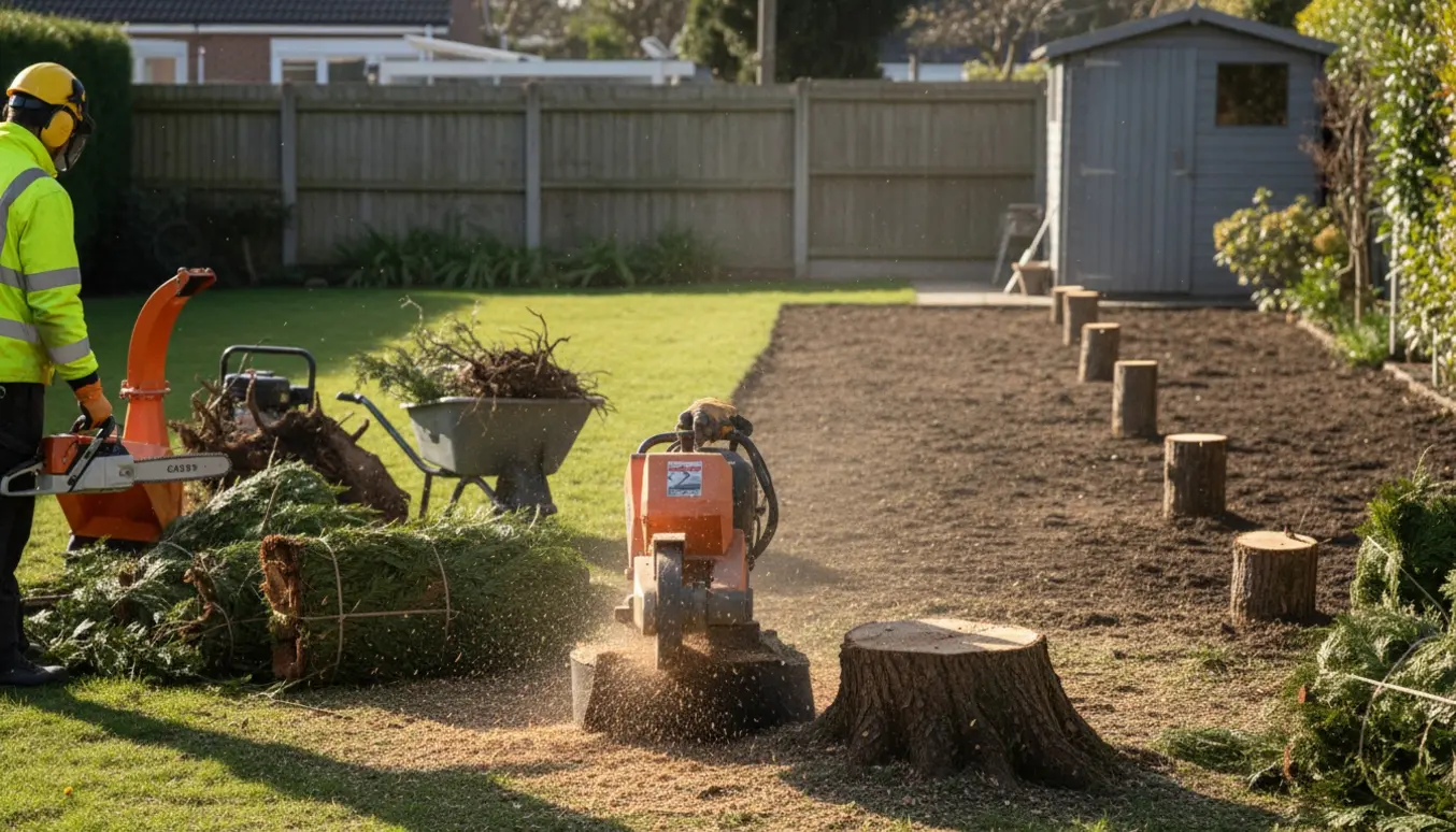 Fræser fjerner en tuja-stub i en forhave med bunker af afklippede hækgrene.