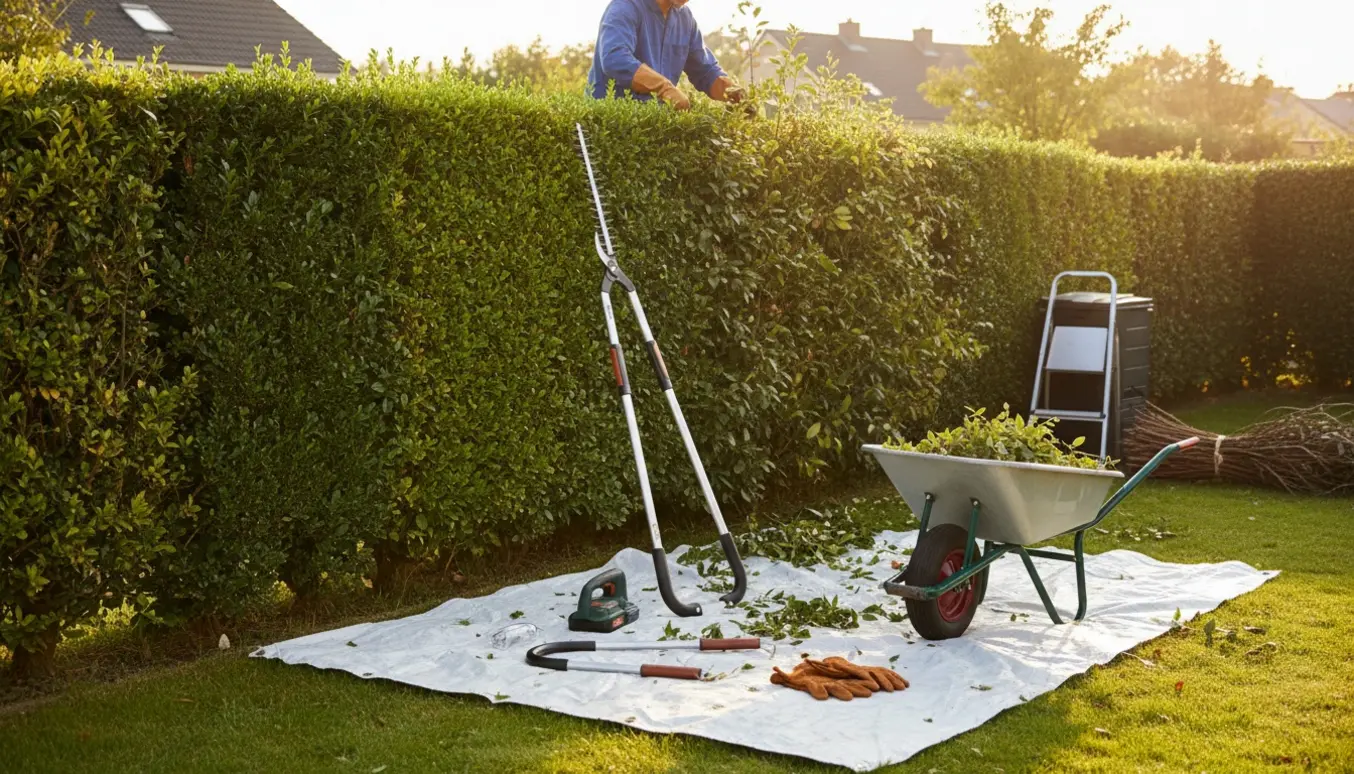 Person trimmer en hæk i en forstadshave med værktøj og afskårne grene samlet ved siden af.