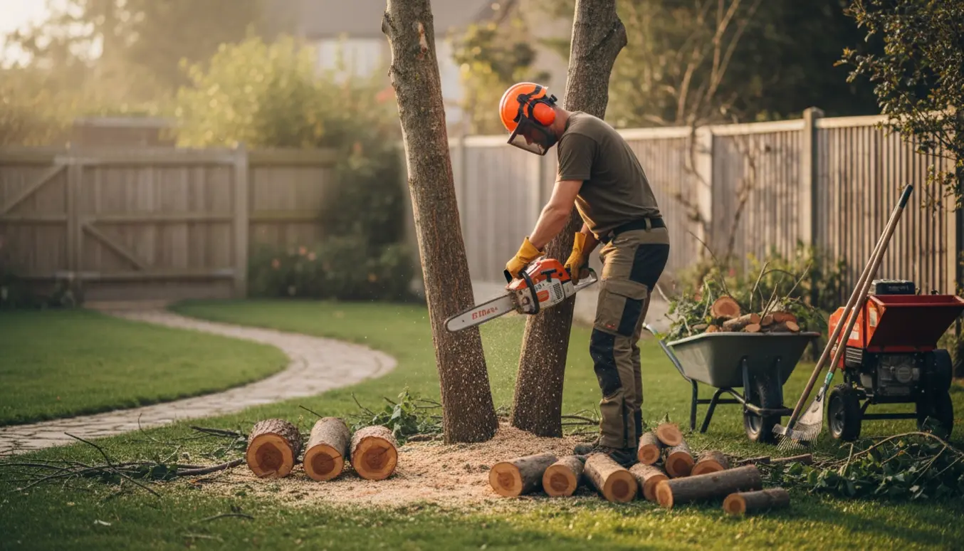 Person uden synligt ansigt beskærer to træstammer i haven med motorsav, afskårne stumper og en trillebør i baggrunden.