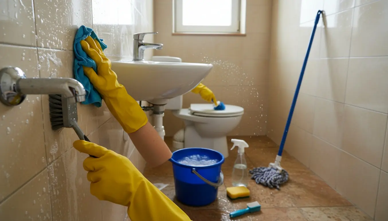 Lille badeværelse under hovedrengøring med handsker, børster og moppe.