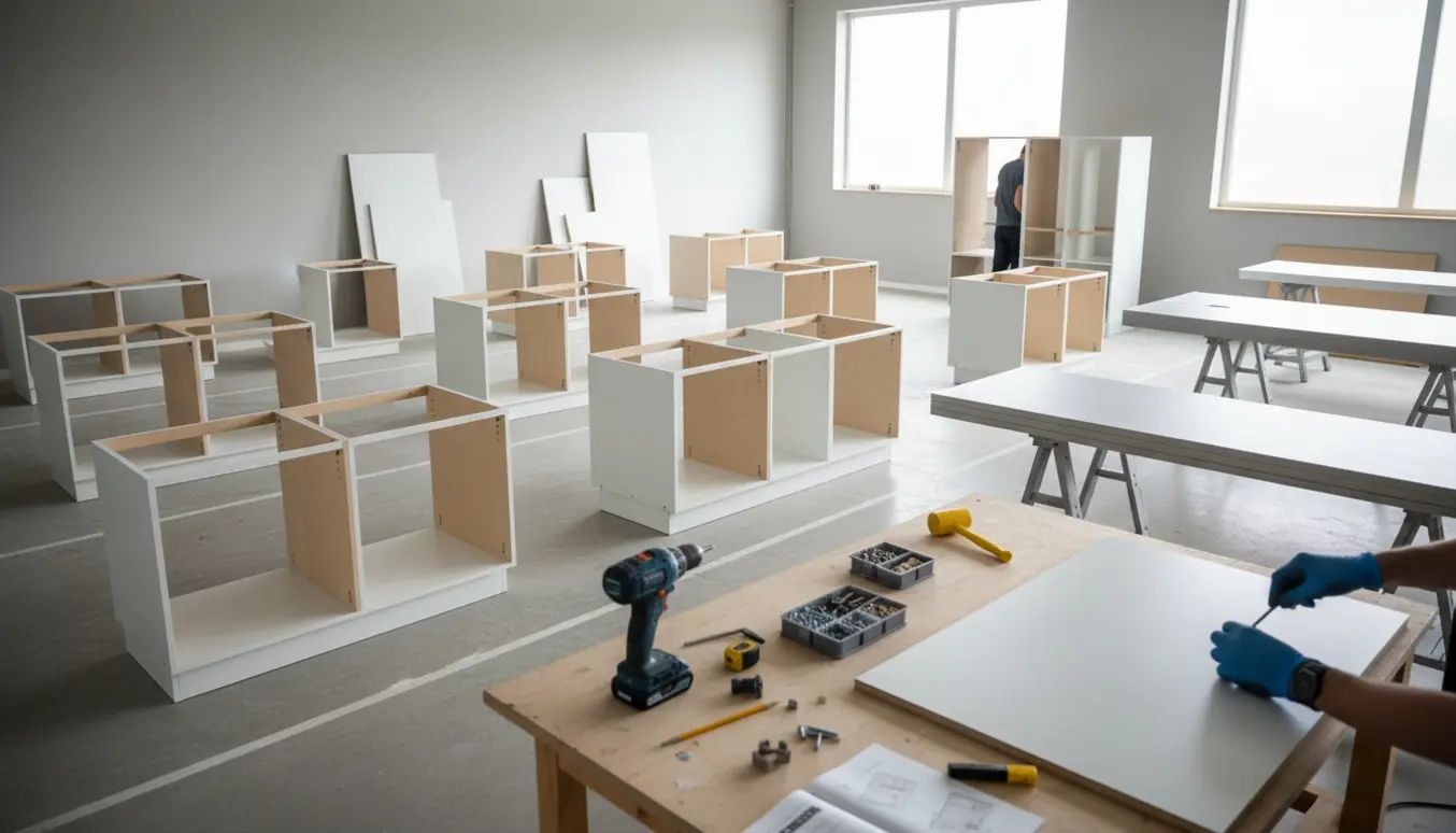 Delvist samlede hvide og birk-køkkenskabe, værktøj og paneler i et stort tomt rum klar til samling.