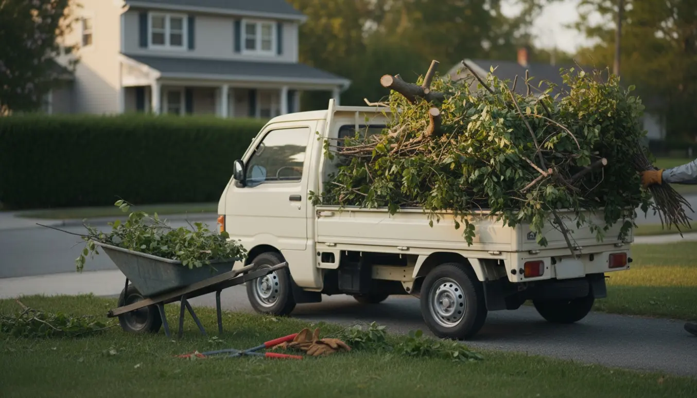 En lille lastbil fyldt med nyklippede grene ved fortovet foran en villahave, med haveredskaber i forgrunden.