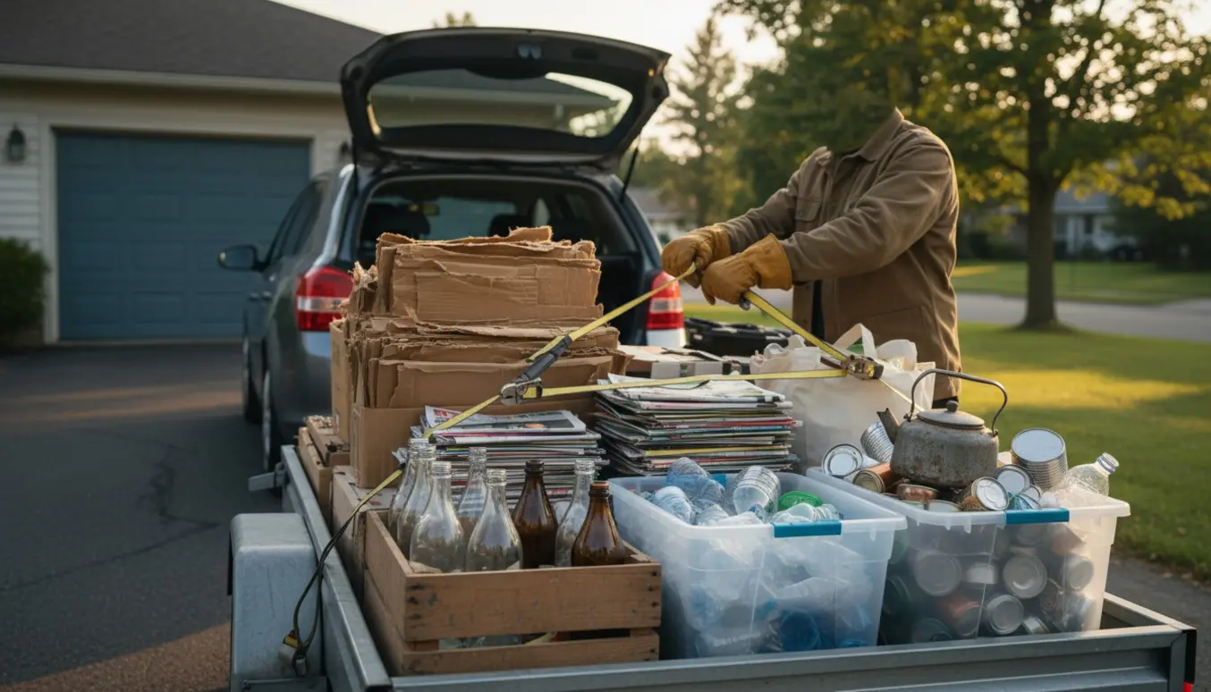 Åben bilbagagerum og trailer med sorterede genbrugsposer, kasser og glasflasker klar til aflevering.
