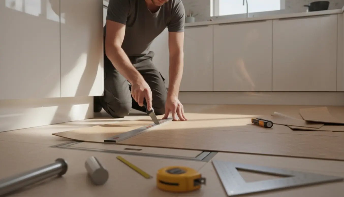 Nærbillede af linoleumsgulv, der tilskæres rundt om køkkenmoduler og en gulvlem.
