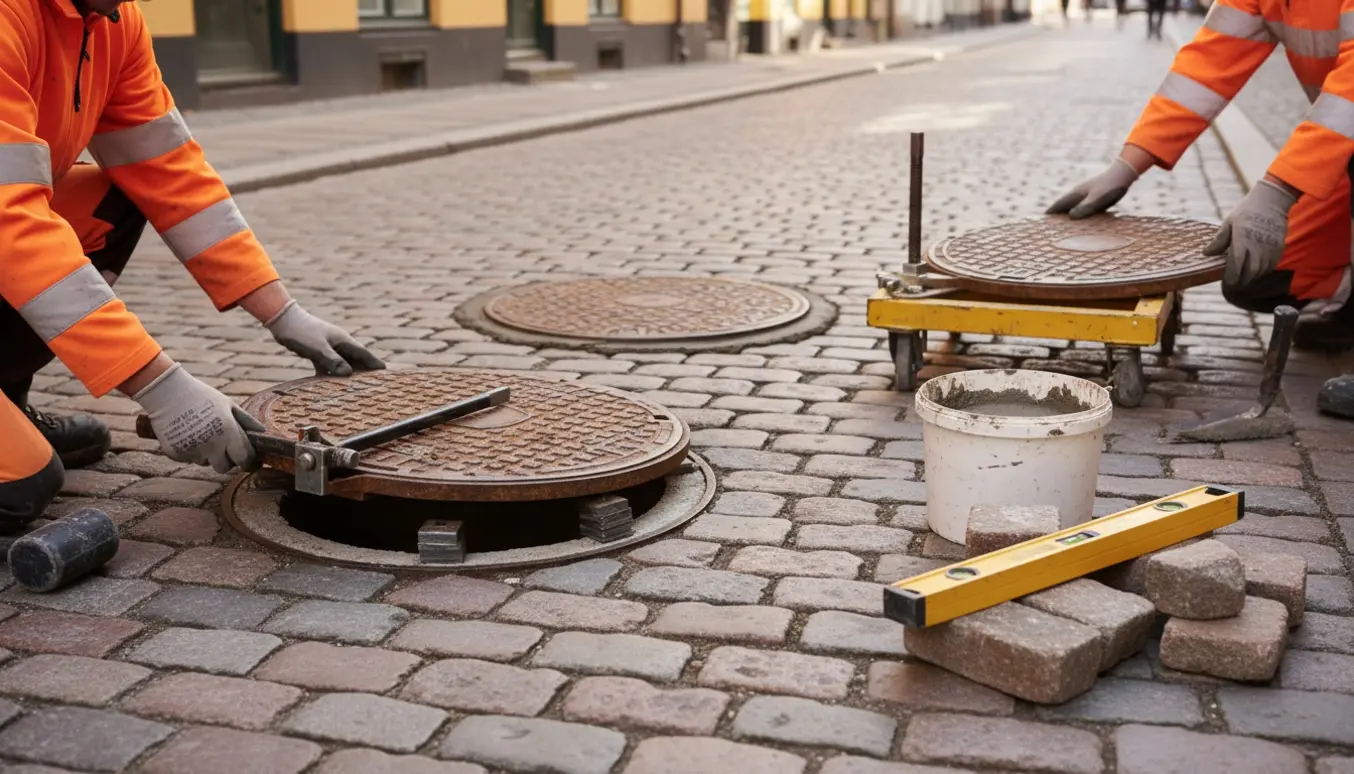Tre kloakdæksler hæves og justeres mellem Herregårssten med værktøj og arbejdshandsker i fokus.
