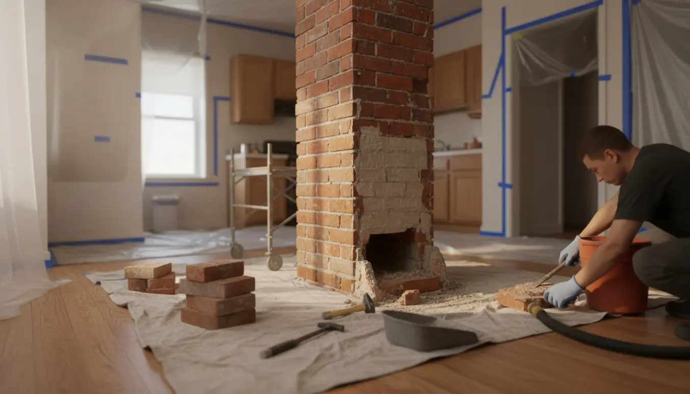 Delvist nedbrudt gennemgående skorsten midt i et køkken, med mursten, handsker og værktøj på afdækket gulv i blødt naturligt lys.
