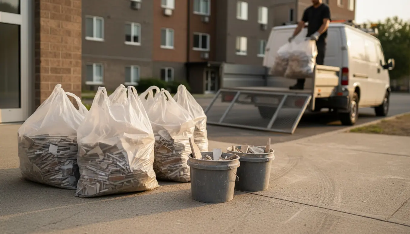 Gennemsigtige plastikposer og spande med fliser og mørtel foran en opgang ved en åben trailer klar til afhentning.