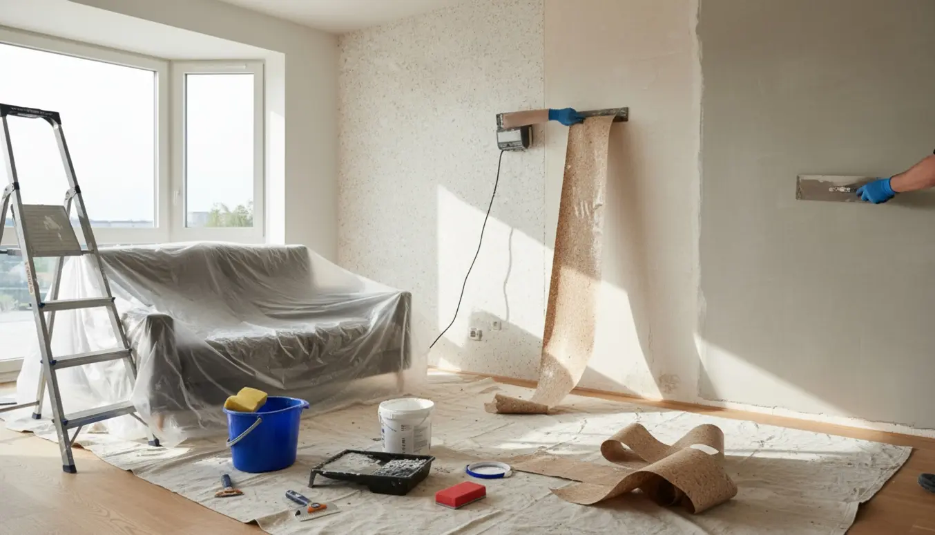 Lejlighed under renovering med fjernelse af savsmuldstapet og en nyligt glatspartlet væg.