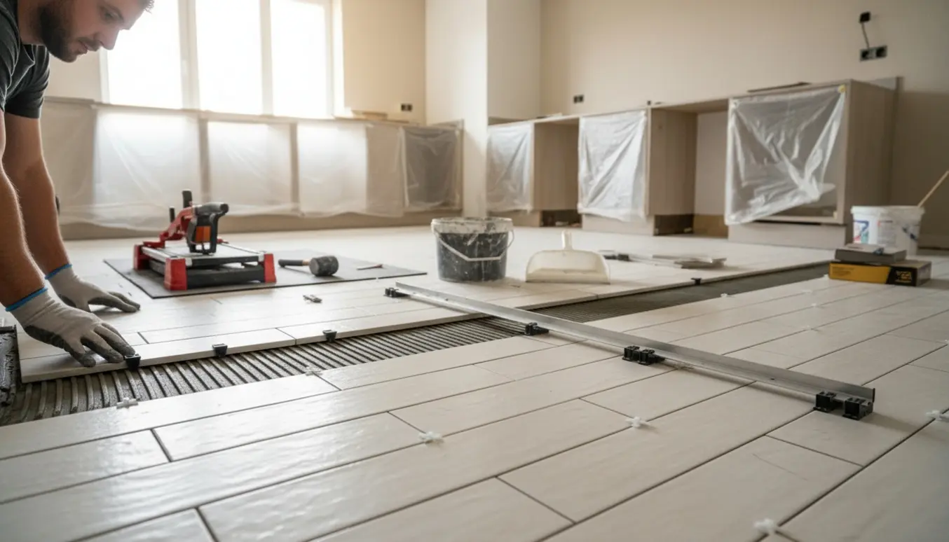 Tæt billede af lægning af lange rektangulære gulvfliser i et tomt køkken med værktøj og en lille niveauforskel ved tærsklen.