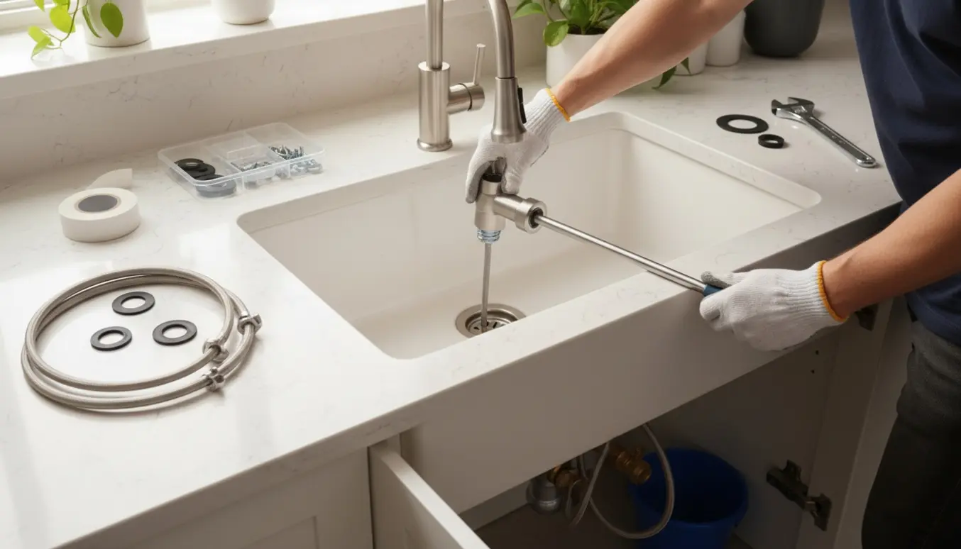 Nærbillede af hænder, der monterer et nyt køkkenarmatur over en keramisk vask med værktøj og rørdele synlige.