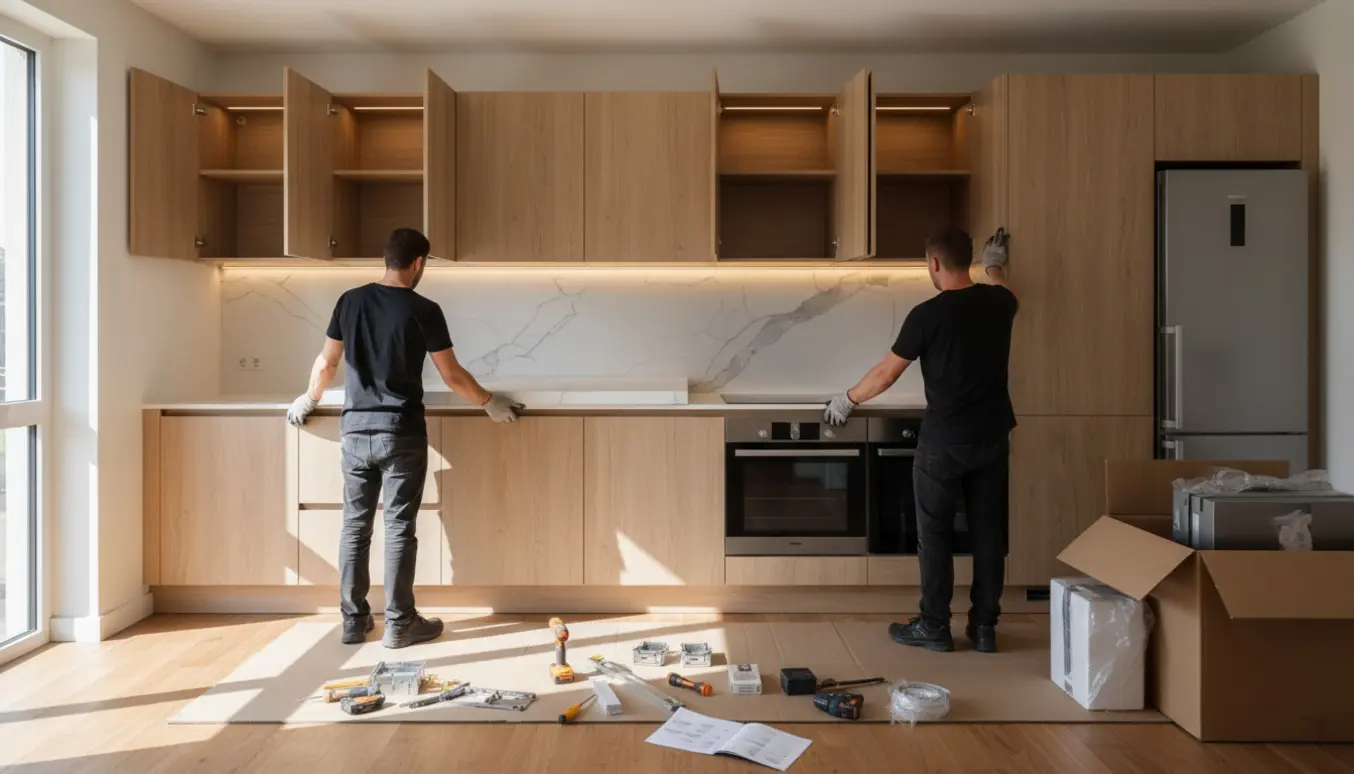 Partvist monteret moderne køkken med stenbordplade, åbne skabe, installerede hvidevarer og LED-lys under overskabene.