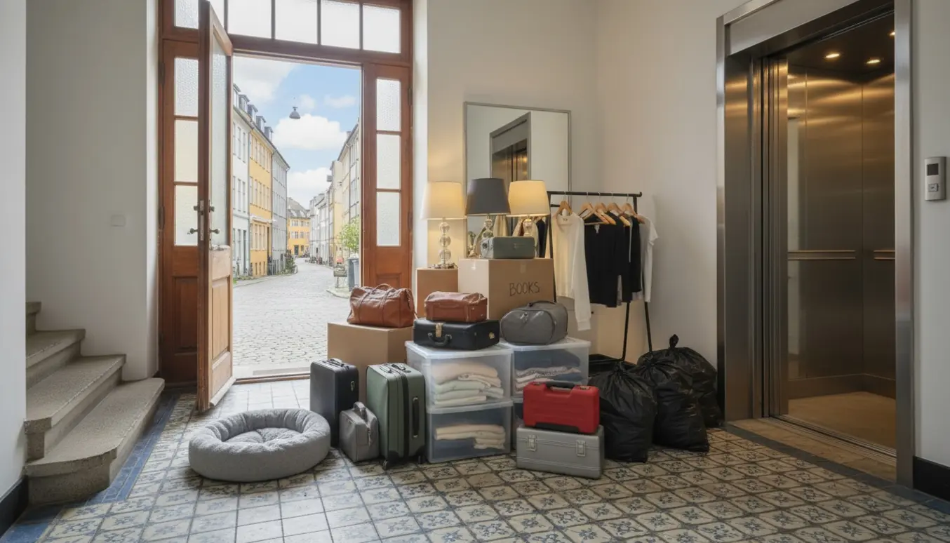 Kufferter, kasser, plastkasser, lamper, hundekurv, sorte sække, tøjstativ og værktøjskasser i en opgang klar til mini flytning.