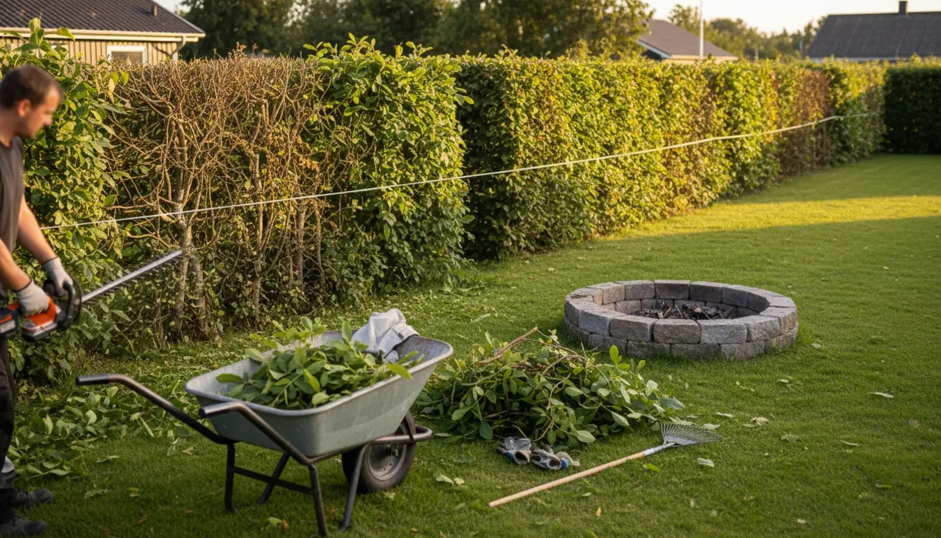 Lang nøddehæk delvist nyklippet med trimmer, bunke af afklip ved en bålplads og en fyldt trillebør.