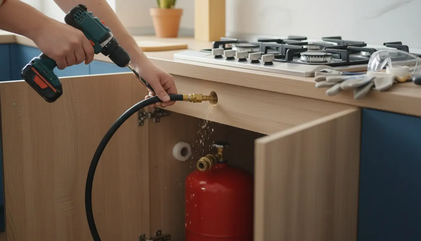 Montering af 1,5 m gasslange og regulator på gaskomfur, hvor slangen føres ind gennem hul i køkkenskabet til gasflasken.