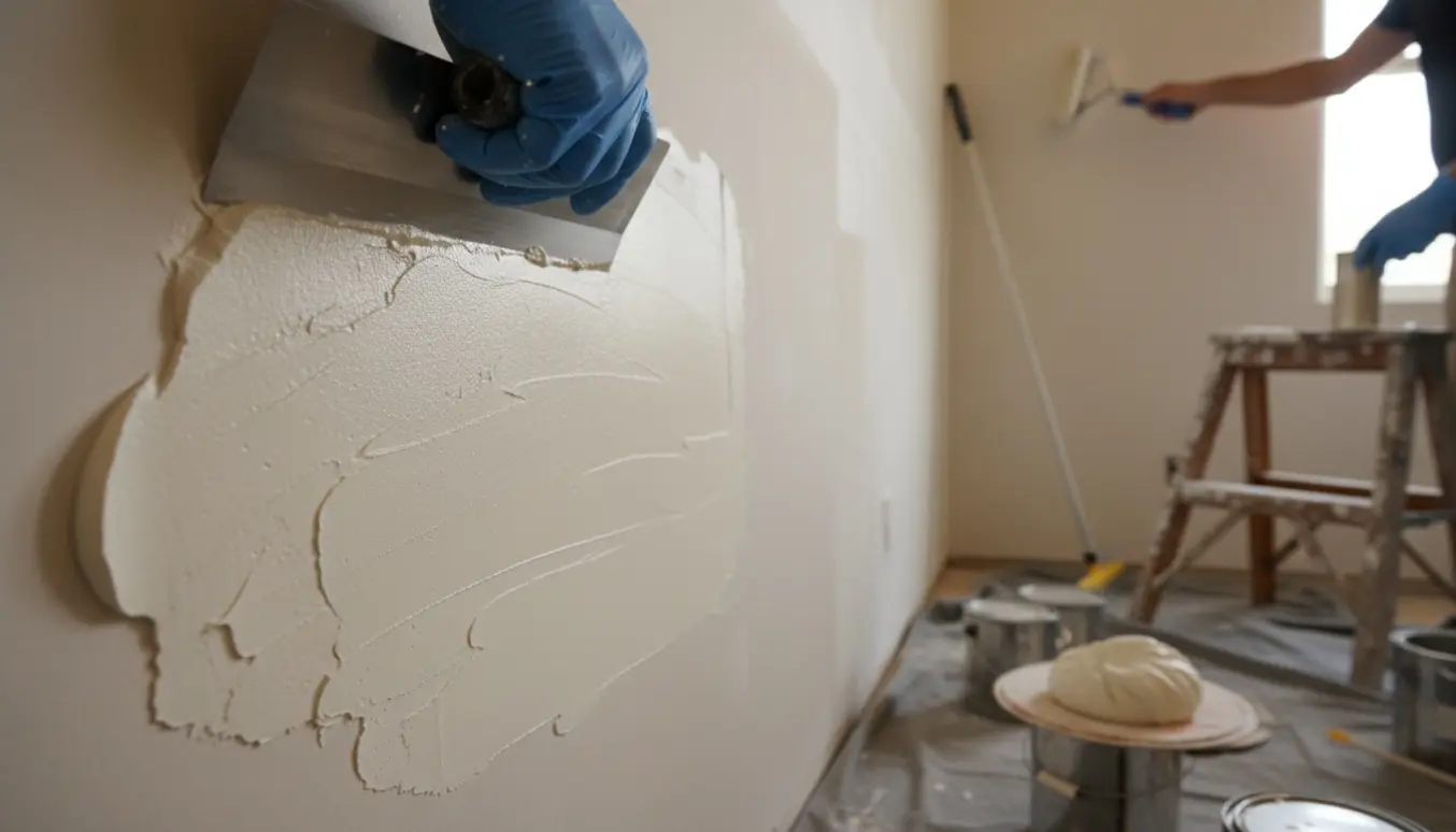 Nærbillede af spartel- og malerarbejde indendørs med rulle, spartel, stige og beskyttelsesdug i blødt dagslys.