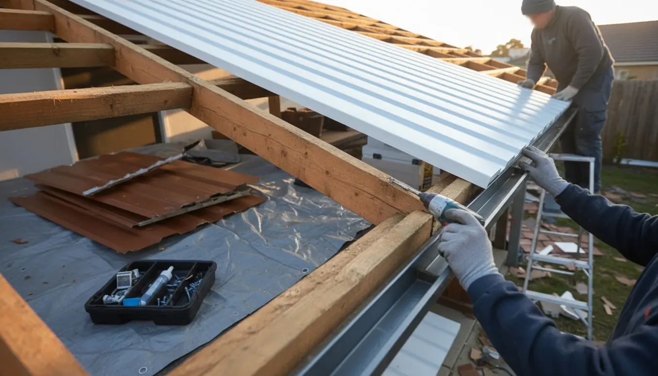 Håndværker fastgør nyt isoleret halvt tag bag huset og justerer en ny tagrende.