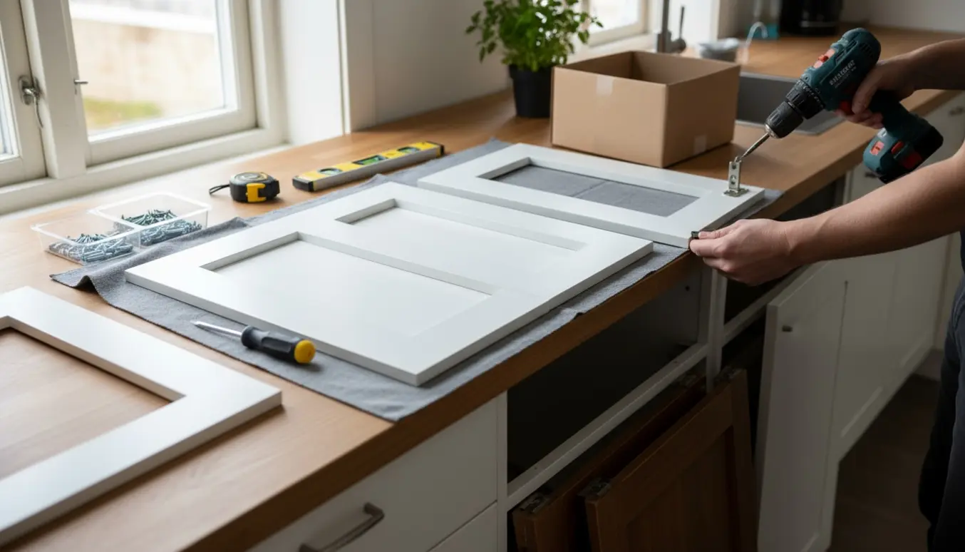 Hænder monterer nye hvide køkkenlåger og en skuffefront ved værktøj på en træbordplade.