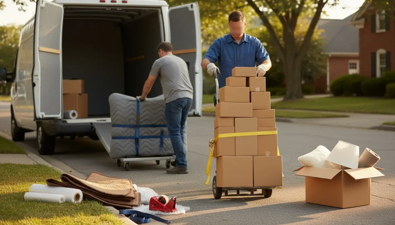 To flyttefolk triller flyttekasser og en indpakket fladskærm ind i en varevogn.