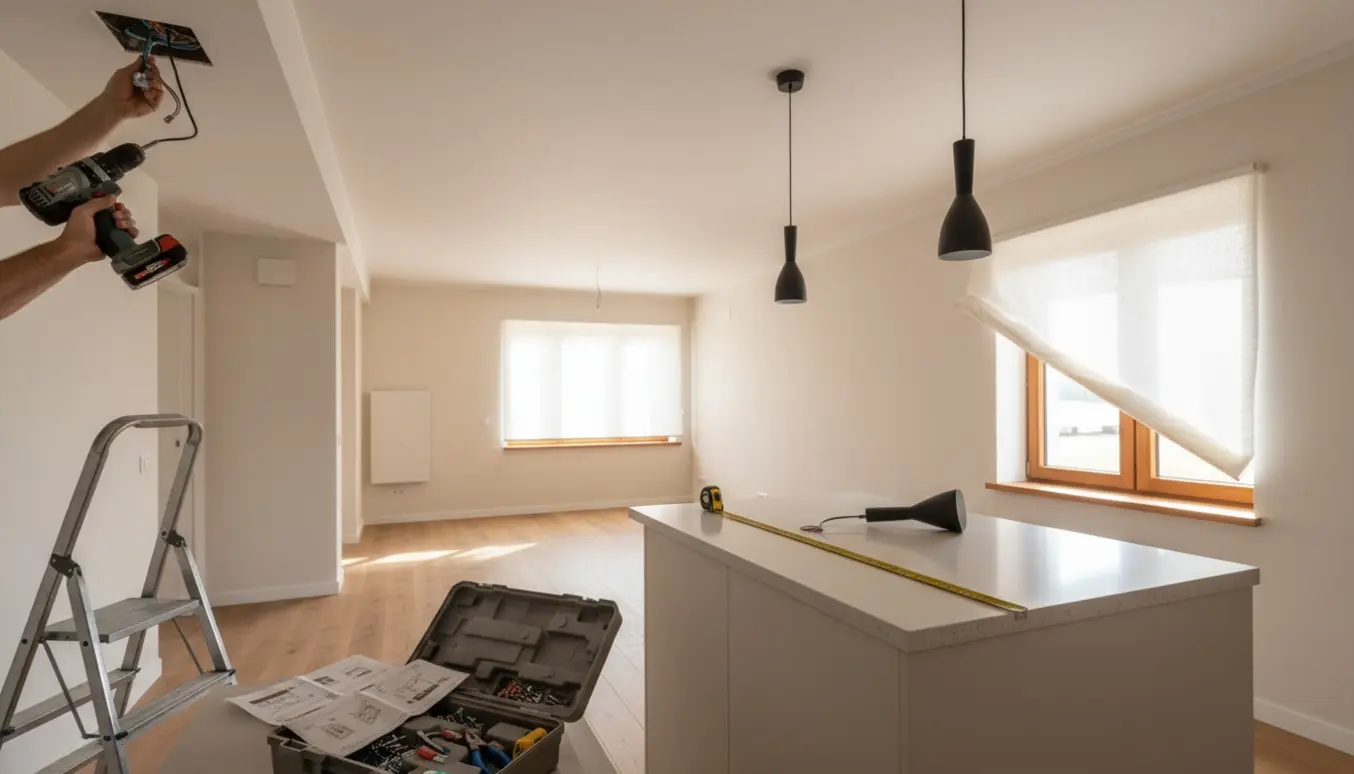 Hænder monterer loftslampe og et rullegardin i et lyst rækkehus med værktøj i nærheden.