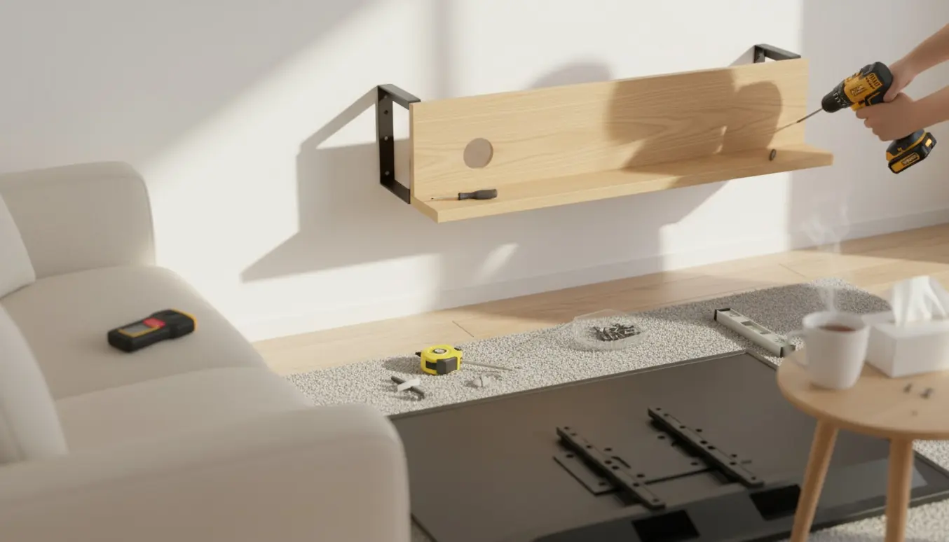 Nærbillede af hænder, der samler et enkelt væghængt tv-møbel med værktøj og en kop te i baggrunden.